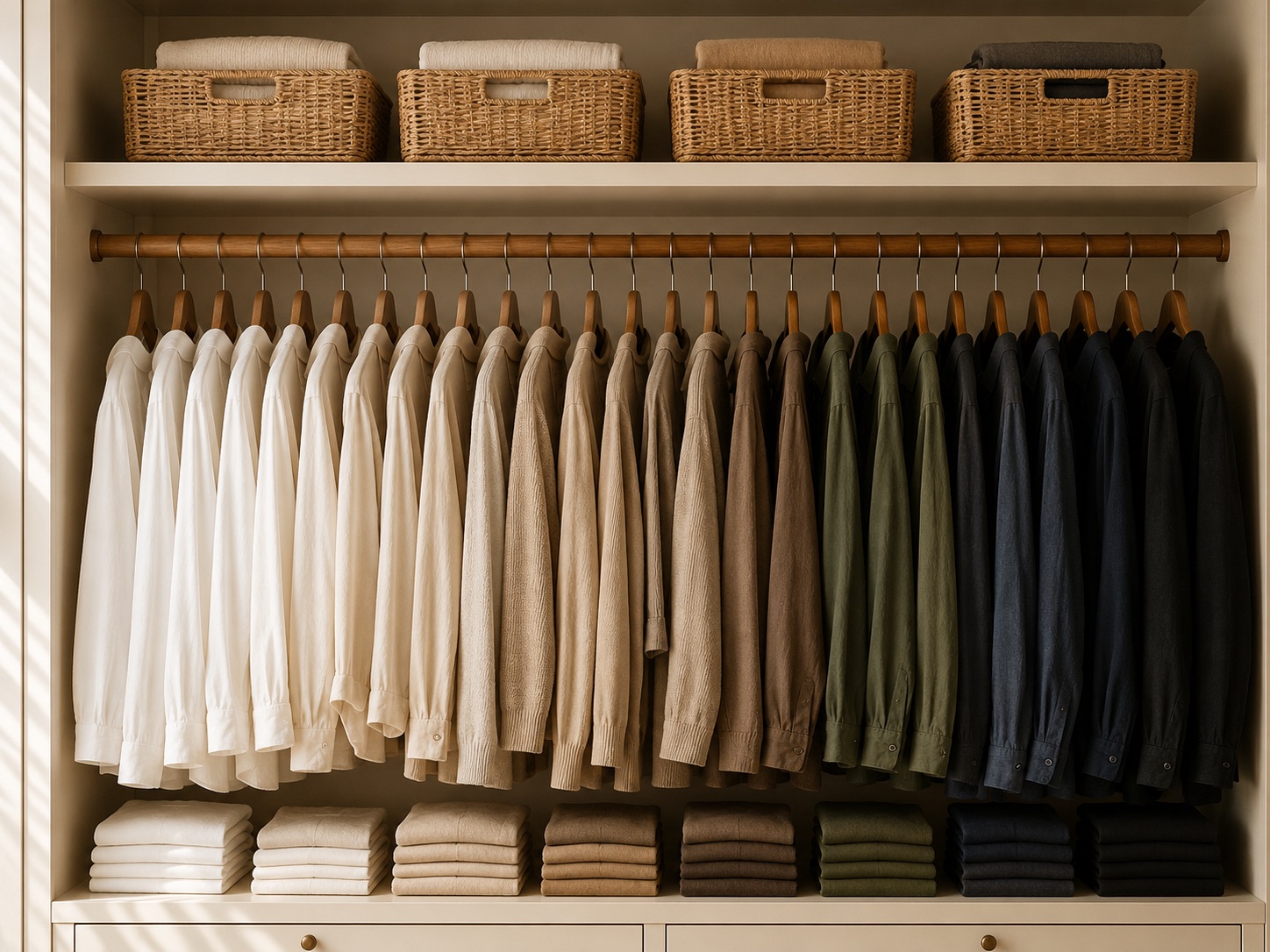 The same wardrobe after organizing: matching wooden hangers, garments graded light to dark, folded stacks squared off