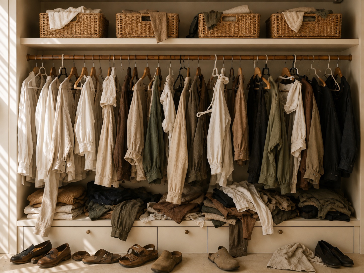 A wardrobe before organizing: mismatched hangers, garments hanging unevenly and shoes loose on the floor