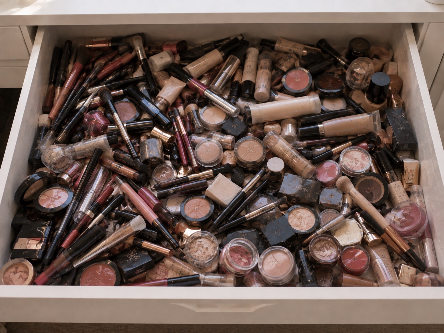 A vanity drawer before organizing: makeup loose and jumbled, nothing sorted