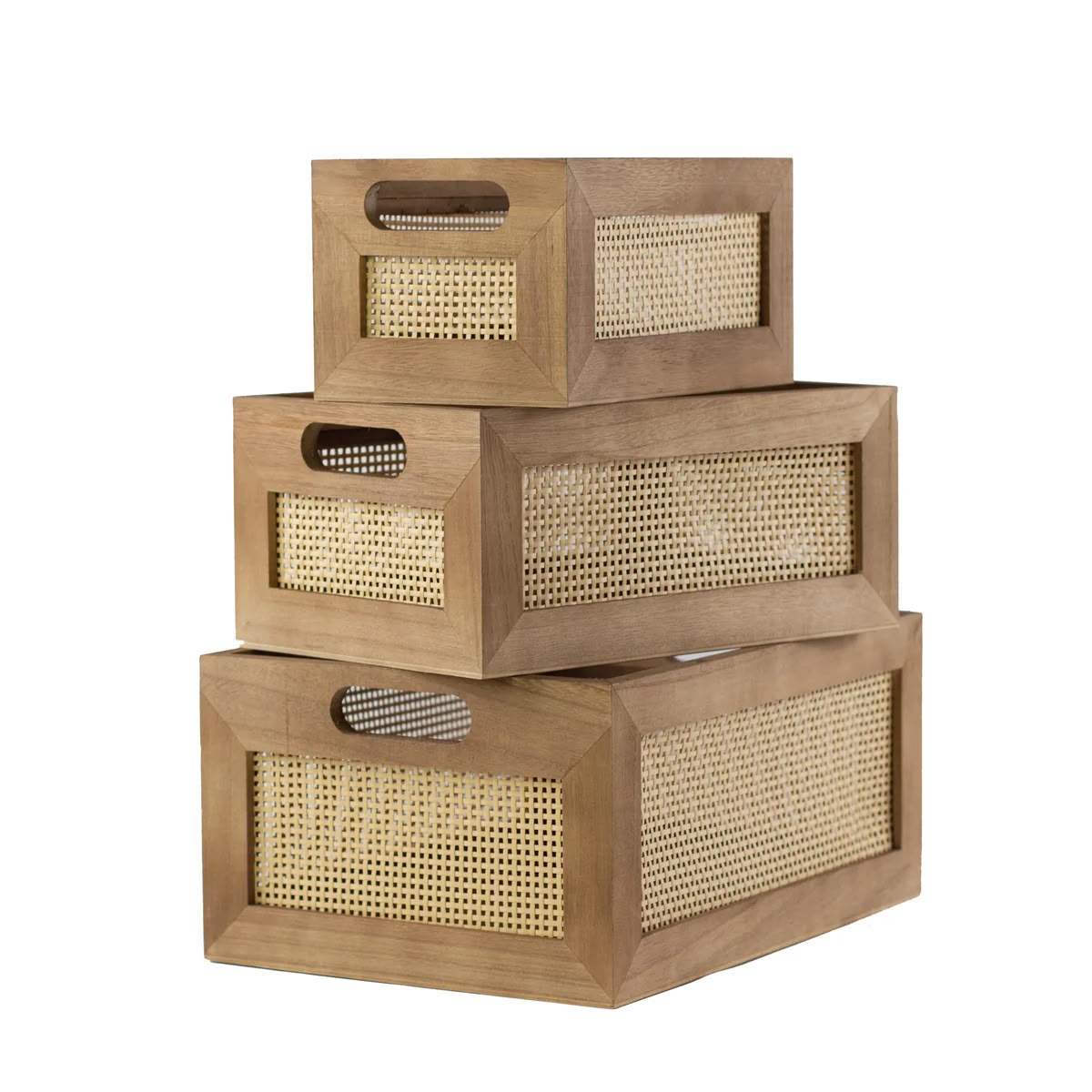 Three stacked wooden crates with woven cane fronts