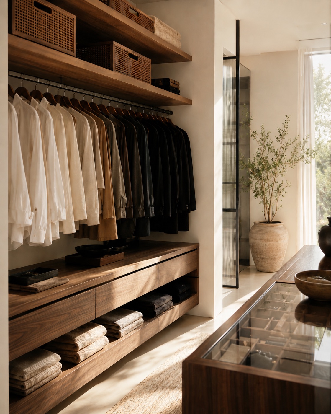 A walk-in wardrobe in a Dubai villa after organizing: matching wooden hangers, garments graded light to dark, folded stacks and cane crates on the shelves