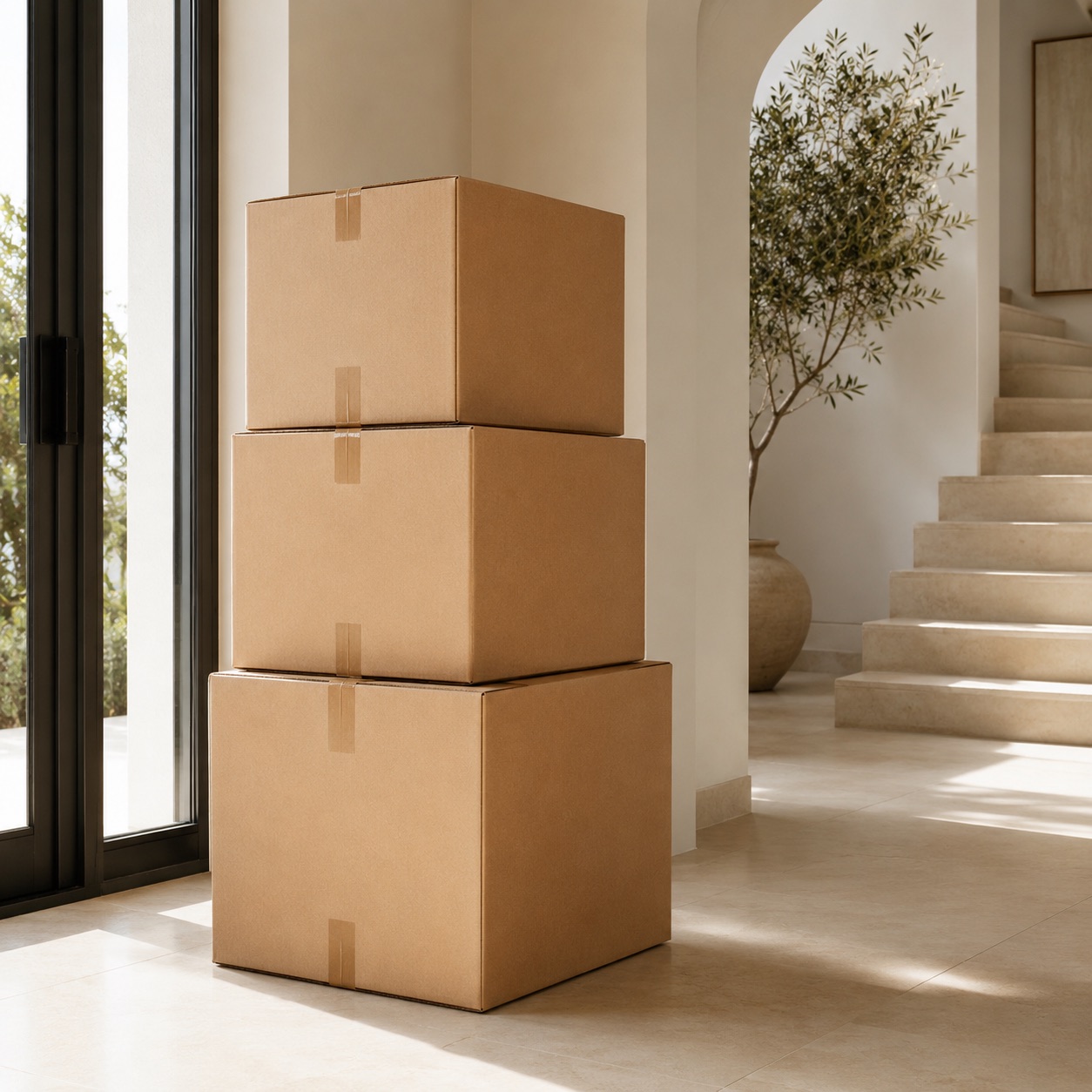 Sealed moving cartons stacked in the bright entryway of a villa